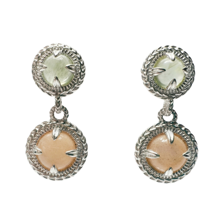 Mimosa Double Drop Earrings - Sterling Silver w/ Prehnite & Peach Moonstone