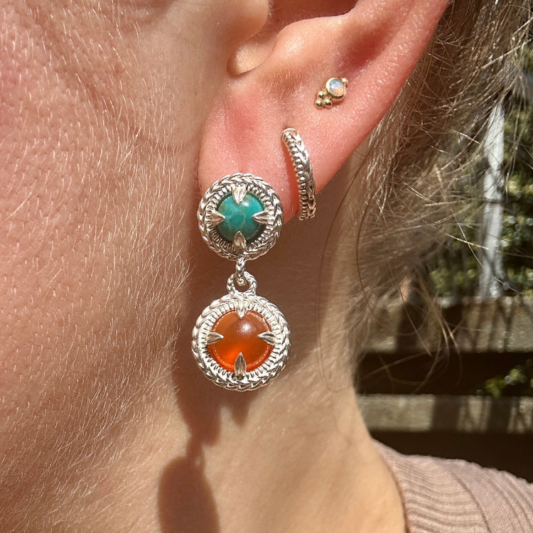 Mimosa Double Drop Earrings - Sterling Silver w/ Turquoise & Carnelian