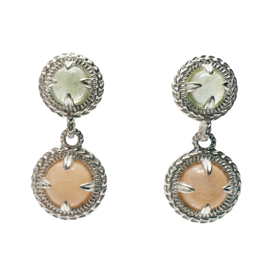 Mimosa Double Drop Earrings - Sterling Silver w/ Prehnite & Peach Moonstone