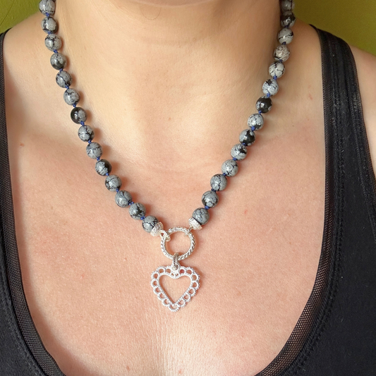 Snowflake Obsidian Bead Strand - Sterling Silver
