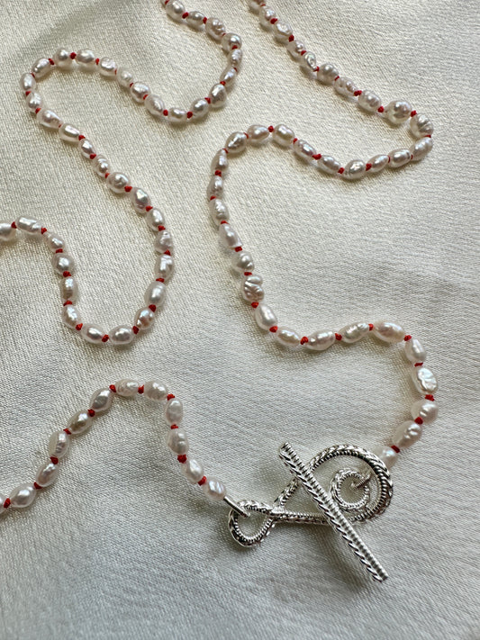 Rice Pearl T-Bar Necklace - Sterling Silver