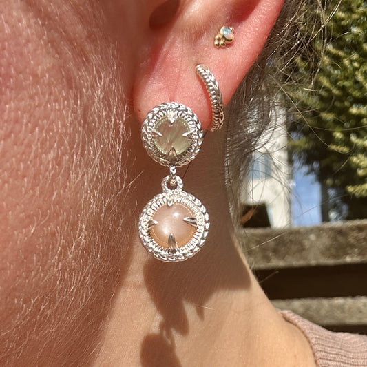 Mimosa Double Drop Earrings - Sterling Silver w/ Prehnite & Peach Moonstone