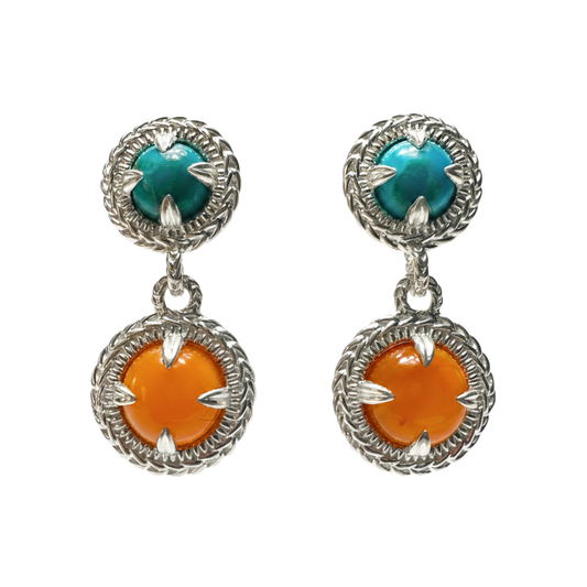 Mimosa Double Drop Earrings - Sterling Silver w/ Turquoise & Carnelian