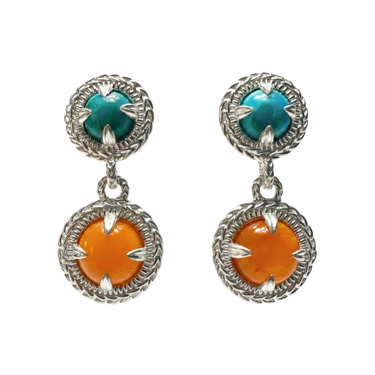 Mimosa Double Drop Earrings - Sterling Silver w/ Turquoise & Carnelian