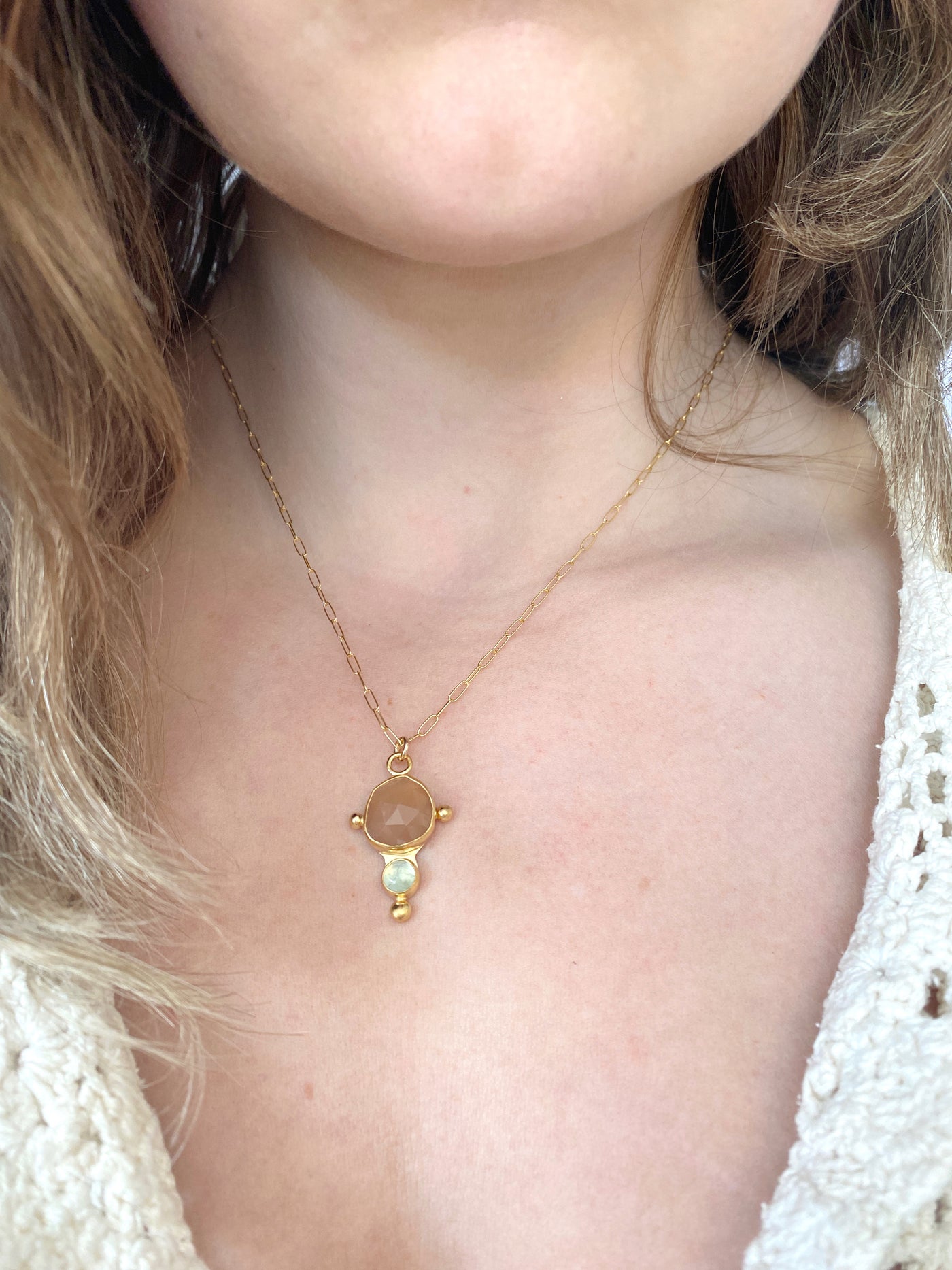 Prehnite & Peach Moonstone Starburst Necklace // One-of-a-Kind