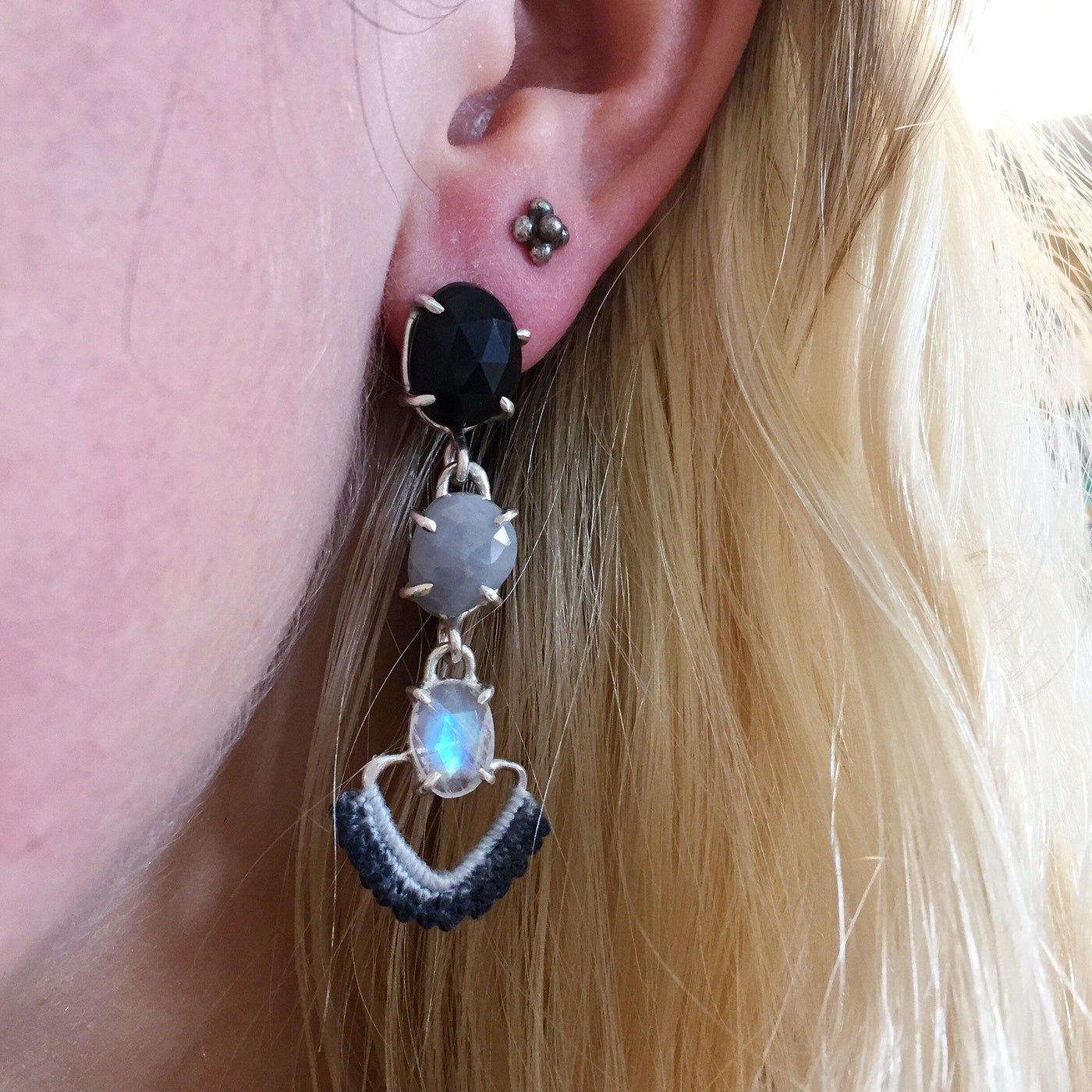 Cascading Earrings in Onyx, Silver Sapphire and Moonstone w/ Hand Dyed Lace // One-of-a-Kind-Twyla Dill-Seattle Jewelry-Handmade Jewelry-Seattle Jeweler-Twyla Dill