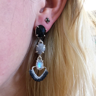 Cascading Earrings in Onyx, Silver Sapphire and Moonstone w/ Hand Dyed Lace // One-of-a-Kind-Twyla Dill-Seattle Jewelry-Handmade Jewelry-Seattle Jeweler-Twyla Dill