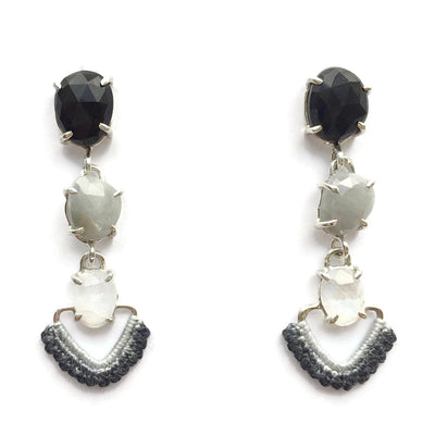Cascading Earrings in Onyx, Silver Sapphire and Moonstone w/ Hand Dyed Lace // One-of-a-Kind-Twyla Dill-Seattle Jewelry-Handmade Jewelry-Seattle Jeweler-Twyla Dill