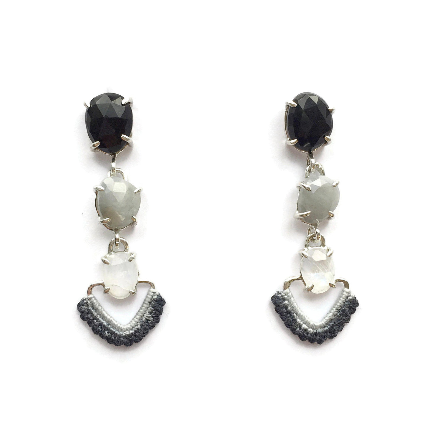 Cascading Earrings in Onyx, Silver Sapphire and Moonstone w/ Hand Dyed Lace // One-of-a-Kind-Twyla Dill-Seattle Jewelry-Handmade Jewelry-Seattle Jeweler-Twyla Dill