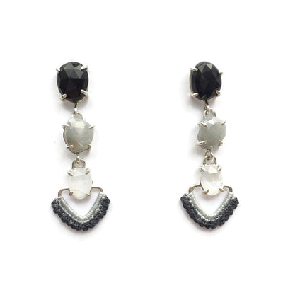 Cascading Earrings in Onyx, Silver Sapphire and Moonstone w/ Hand Dyed Lace // One-of-a-Kind-Twyla Dill-Seattle Jewelry-Handmade Jewelry-Seattle Jeweler-Twyla Dill