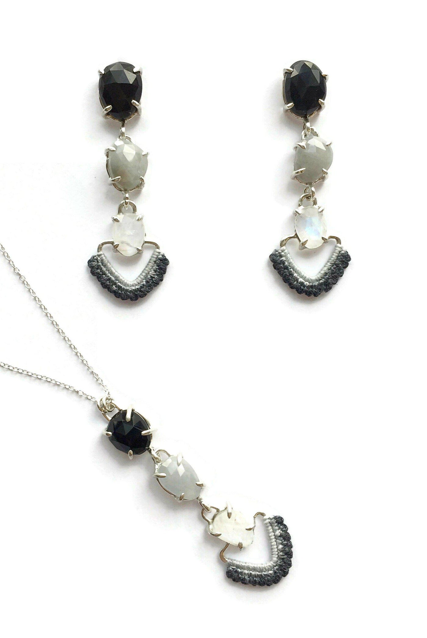 Cascading Earrings in Onyx, Silver Sapphire and Moonstone w/ Hand Dyed Lace // One-of-a-Kind-Twyla Dill-Seattle Jewelry-Handmade Jewelry-Seattle Jeweler-Twyla Dill