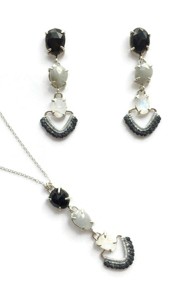 Cascading Earrings in Onyx, Silver Sapphire and Moonstone w/ Hand Dyed Lace // One-of-a-Kind-Twyla Dill-Seattle Jewelry-Handmade Jewelry-Seattle Jeweler-Twyla Dill