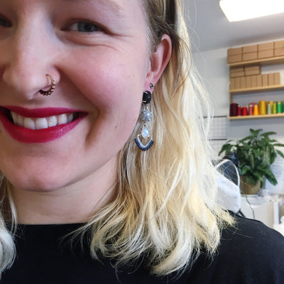 Cascading Earrings in Onyx, Silver Sapphire and Moonstone w/ Hand Dyed Lace // One-of-a-Kind-Twyla Dill-Seattle Jewelry-Handmade Jewelry-Seattle Jeweler-Twyla Dill