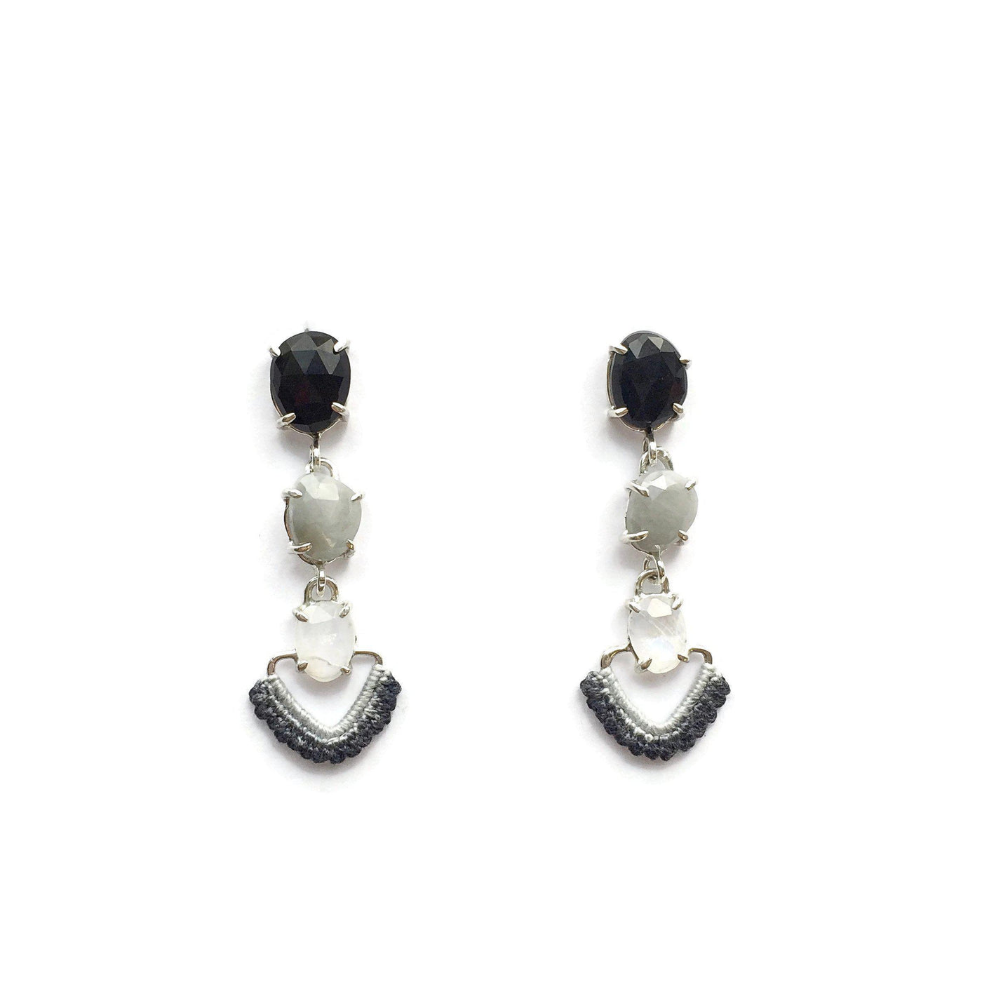 Cascading Earrings in Onyx, Silver Sapphire and Moonstone w/ Hand Dyed Lace // One-of-a-Kind-Twyla Dill-Seattle Jewelry-Handmade Jewelry-Seattle Jeweler-Twyla Dill