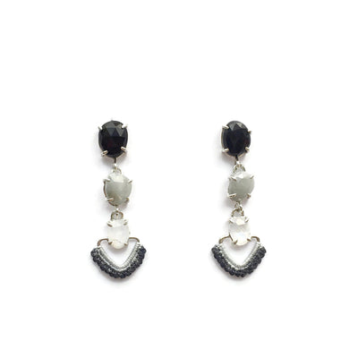 Cascading Earrings in Onyx, Silver Sapphire and Moonstone w/ Hand Dyed Lace // One-of-a-Kind-Twyla Dill-Seattle Jewelry-Handmade Jewelry-Seattle Jeweler-Twyla Dill