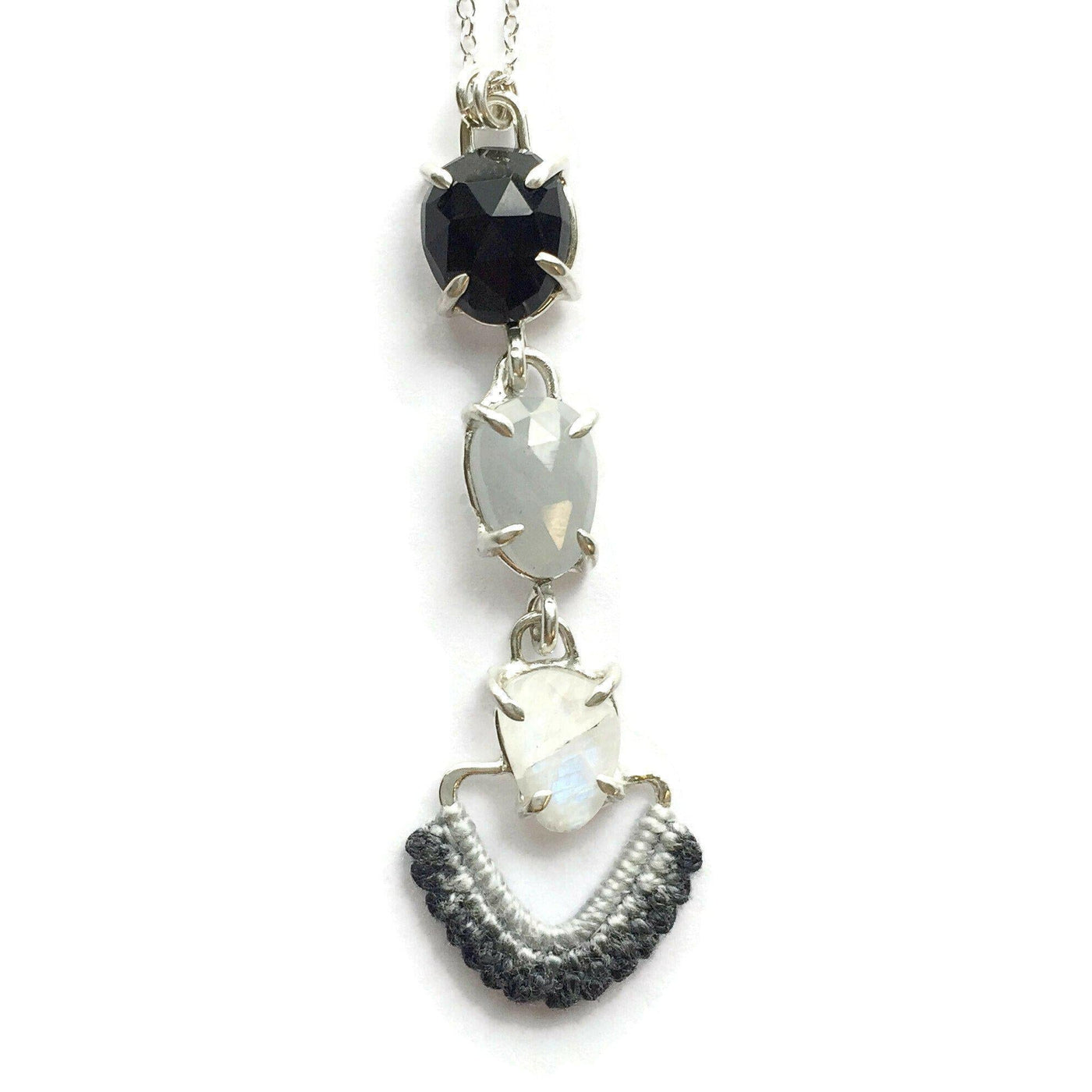 Cascading Necklace in Onyx, Silver Sapphire and Moonstone w/ Hand Dyed Lace // One-of-a-Kind-Necklaces-Twyla Dill-Seattle Jewelry-Handmade Jewelry-Seattle Jeweler-Twyla Dill