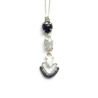 Cascading Necklace in Onyx, Silver Sapphire and Moonstone w/ Hand Dyed Lace // One-of-a-Kind-Necklaces-Twyla Dill-Seattle Jewelry-Handmade Jewelry-Seattle Jeweler-Twyla Dill