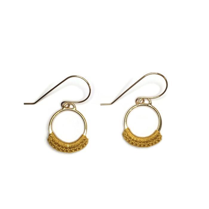 Chica Hoops // Small Circle Metal & Lace Dangle Hoop Earrings-Earrings-Twyla Dill-14kt Gold-Plated-Mustard-Seattle Jewelry-Handmade Jewelry-Seattle Jeweler-Twyla Dill