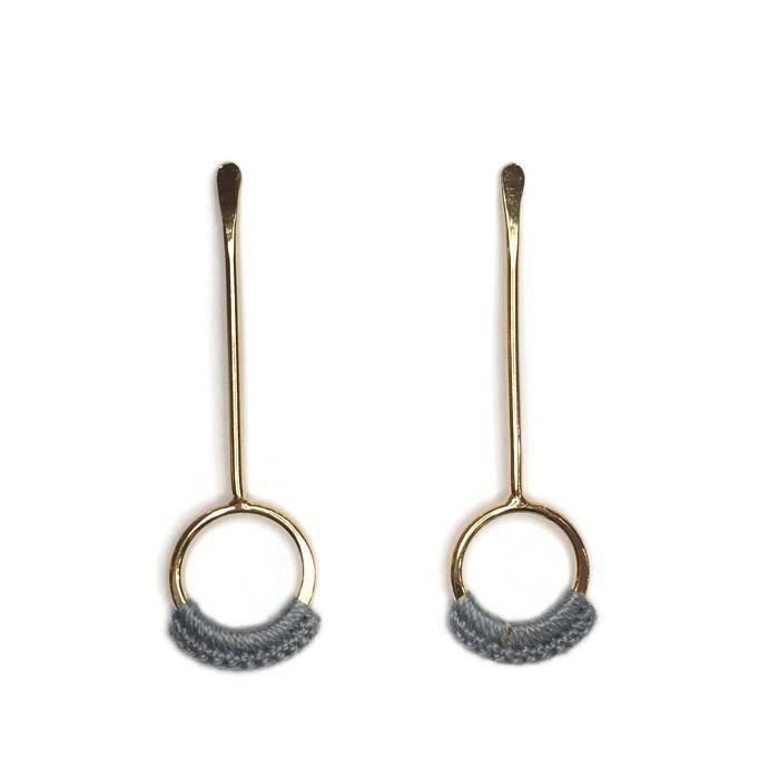Droplet Earrings // Long Metal & Lace Circle Drop Earrings-Earrings-Twyla Dill-14kt Gold-Plated-Slate-Seattle Jewelry-Handmade Jewelry-Seattle Jeweler-Twyla Dill