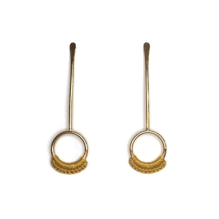 Droplet Earrings // Long Metal & Lace Circle Drop Earrings-Earrings-Twyla Dill-Natural Brass-Mustard-Seattle Jewelry-Handmade Jewelry-Seattle Jeweler-Twyla Dill