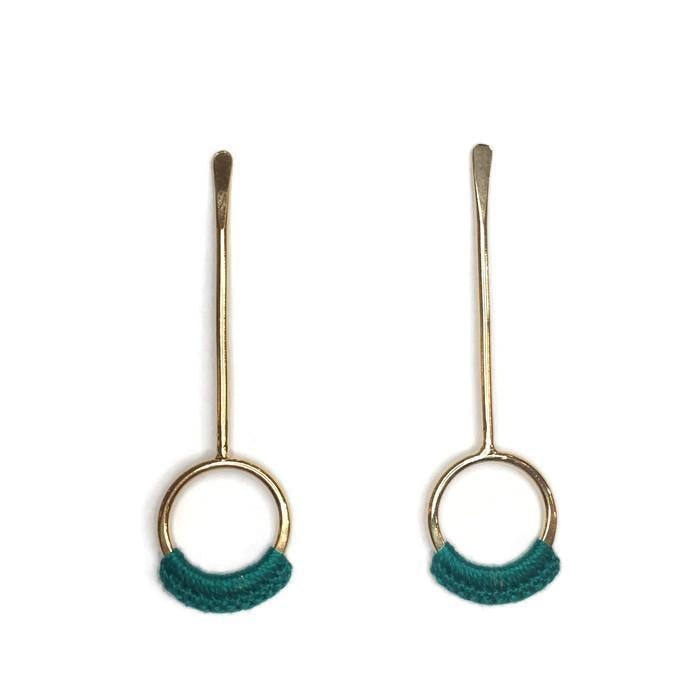 Droplet Earrings // Long Metal & Lace Circle Drop Earrings-Earrings-Twyla Dill-Natural Brass-Turquoise-Seattle Jewelry-Handmade Jewelry-Seattle Jeweler-Twyla Dill