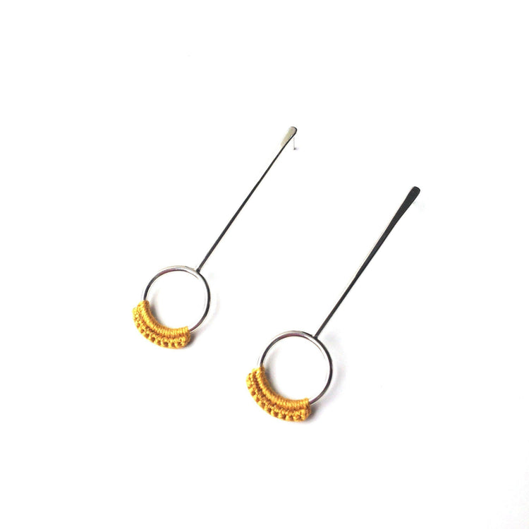 Droplet Earrings // Long Metal & Lace Circle Drop Earrings-Earrings-Twyla Dill-Sterling Silver-Mustard-Seattle Jewelry-Handmade Jewelry-Seattle Jeweler-Twyla Dill