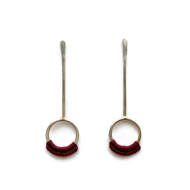 Droplet Earrings // Long Metal & Lace Circle Drop Earrings-Earrings-Twyla Dill-Sterling Silver-Wine-Seattle Jewelry-Handmade Jewelry-Seattle Jeweler-Twyla Dill