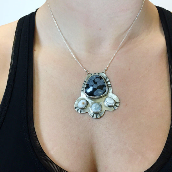 Silver Shield Pendant in Snowflake Obsidian + Ocean Jasper // One-of-a-Kind-Twyla Dill-Seattle Jewelry-Handmade Jewelry-Seattle Jeweler-Twyla Dill