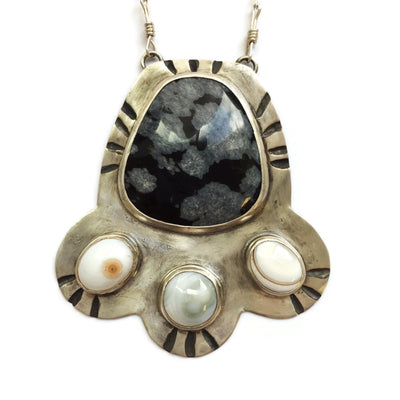 Silver Shield Pendant in Snowflake Obsidian + Ocean Jasper // One-of-a-Kind-Twyla Dill-Seattle Jewelry-Handmade Jewelry-Seattle Jeweler-Twyla Dill